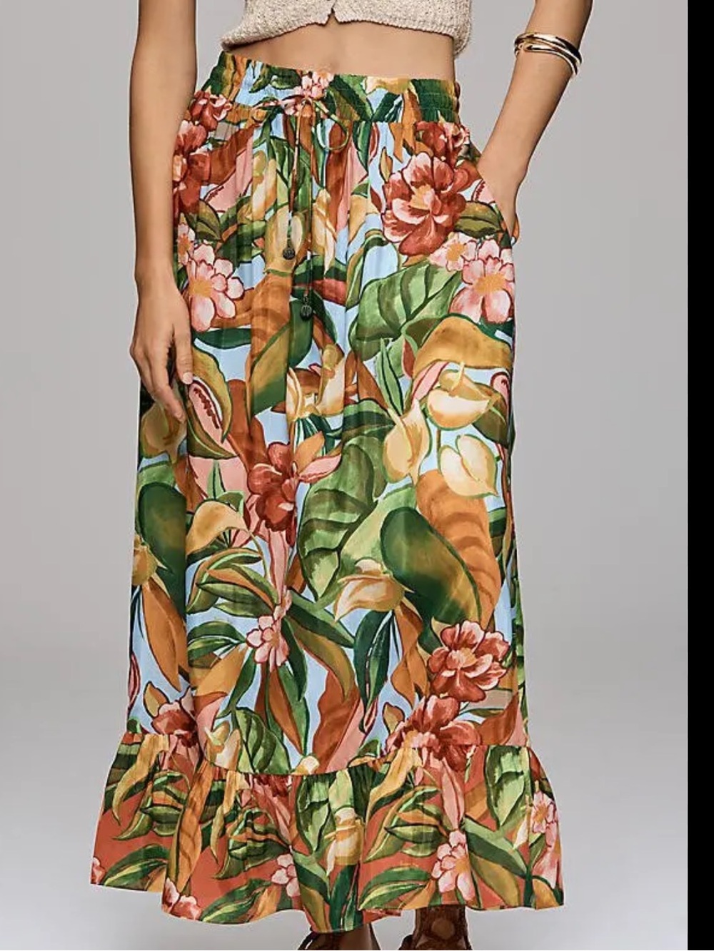 FARM Rio Ruffled Tropical Maxi Skirt in Painted Tropic NWT